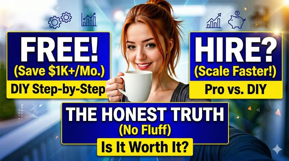 Becca smiling and holding a mug is in the center, flanked by boxes on the left labeled FREE! (Save $1K+/Mo.) DIY Step-by-Step and on the right labeled "HIRE? (Scale Faster!) Pro vs. DIY". Below the woman is a box with the text THE HONEST TRUTH (No Fluff) Is It Worth It? The boxes are dark blue with
