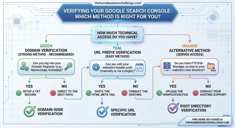 A technical flow chart for TheHomeBusinessChallenge.com showing three paths to verify Google Search Console: Domain Verification via DNS (Recommended), URL Prefix via HTML tag (Easy), and File Upload (Alternative). It helps users choose the best method based on their technical access.