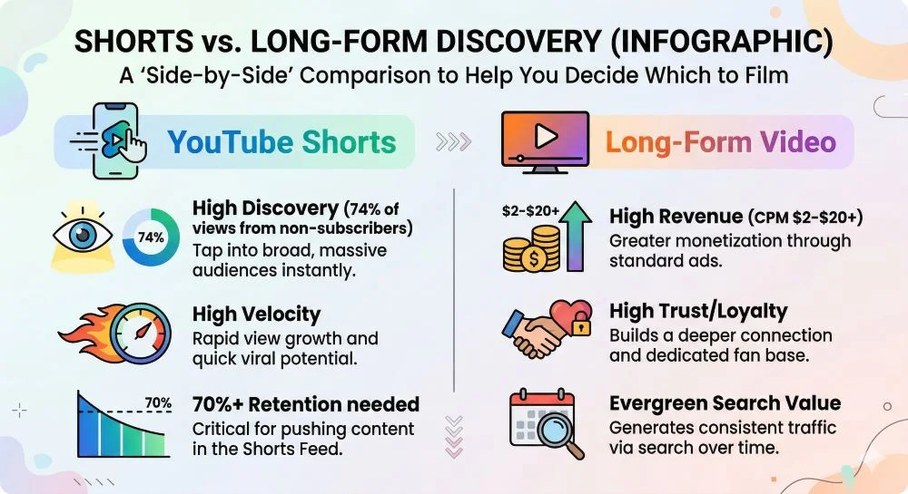 An infographic titled, 'SHORTS vs. LONG-FORM DISCOVERY (INFOGRAPHIC)', with the subtitle, 'A 'Side-by-Side' Comparison to Help You Decide Which to Film', compares YouTube Shorts and Long-Form Video side-by-side using icons, text and diagrams on a colorful background.
