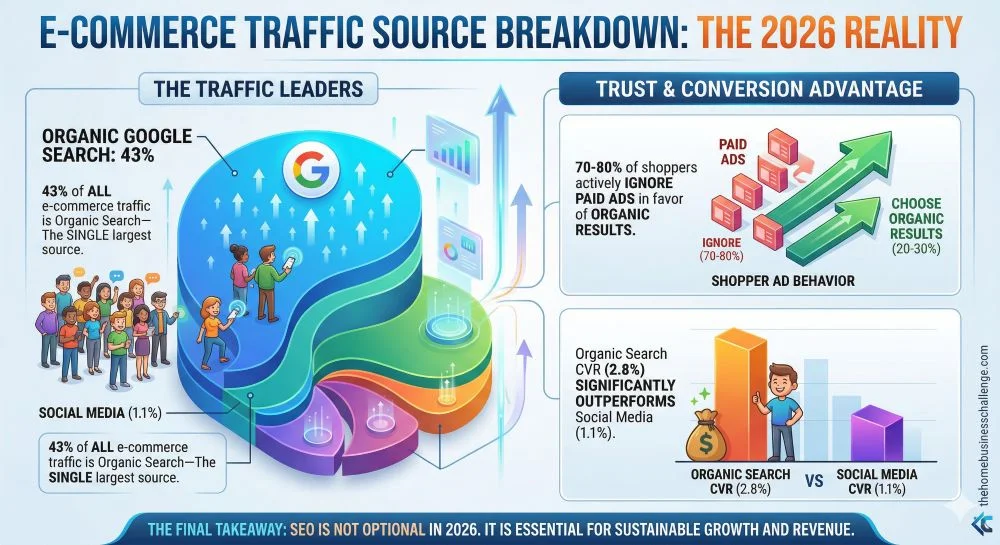 An e-commerce traffic infographic for simplywebcraft.com titled "The 2026 Reality." It features a 3D pie chart showing organic Google search as the leader at 43%, a bar graph highlighting that organic search conversion rates (2.8%) outperform social media (1.1%), and a visual showing that 70-80% of
