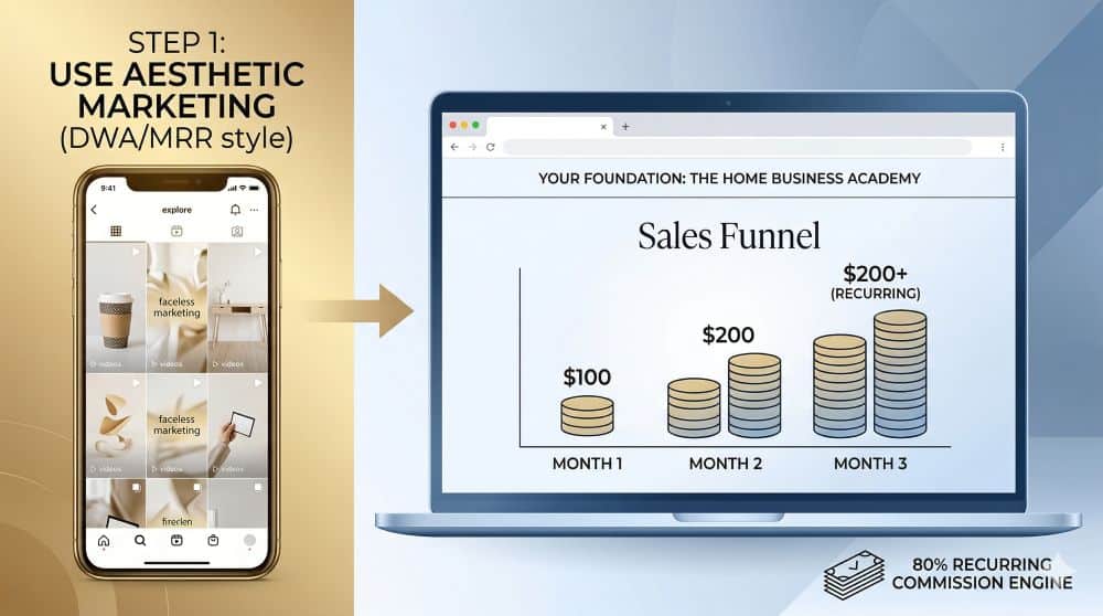 A clean, 16:9 landscape infographic illustrating the 'Hybrid Strategy.' On the left, a smartphone with a warm gold overlay shows an aesthetic 'explore' page with 'faceless marketing' square videos and small icons (a coffee cup and minimalist desk). Above it, bold text reads: 'STEP 1: USE AESTHETIC M