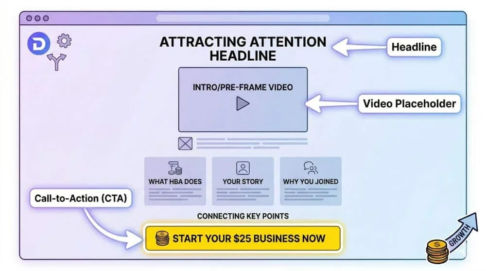 An educational schematic styled as a wireframe viewed through a web browser, demonstrating a simple but effective Bridge Page structure built in the Divi visual builder. The diagram uses glowing white arrows to point to the critical converting elements, including: 1) A centralized Attention Headline